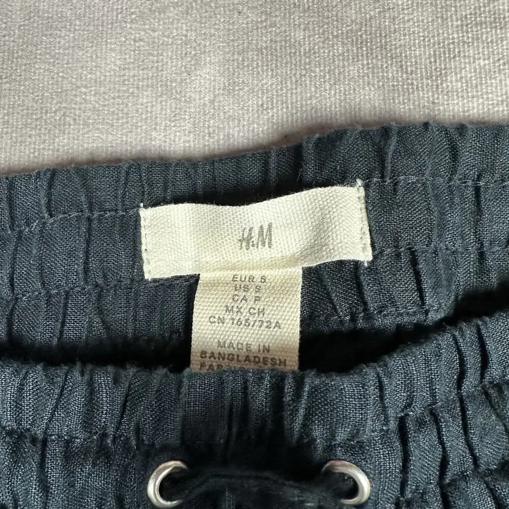 H&M 100% Linen Pants Women’s Sz Small Navy Blue Pull On Drawstring Elastic Waist